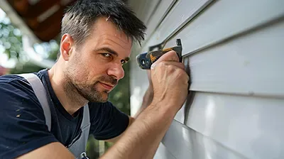Technician checking garage door hardware during a tune up